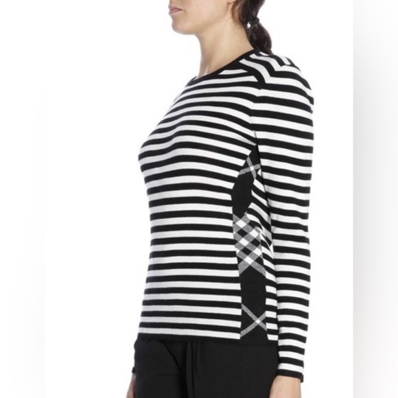 ⭐️Burberry Black & Cream striped with Plaid Inset Wool Blend Sweater—GORGEOUS!